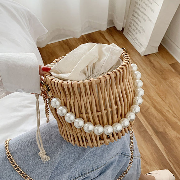 Beading Chain Straw Shoulder Bag Rattan Weave Travel Beach Crossbody Handbag - Presidential Brand (R)
