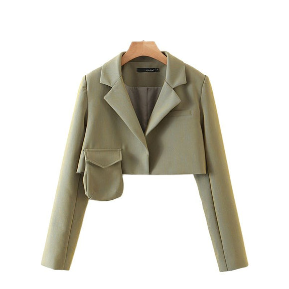 Vintage Pocket Blazer Long Sleeve Notch Collar Cropped Jacket Outwear - Presidential Brand (R)