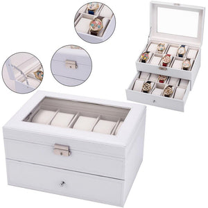 Watch Box 2 Layer 20 Slots Display Storage Case Organizer Holder Lockable with Glass Top Suit for Hairpin Cuff Link Brooches Etc - Presidential Brand (R)