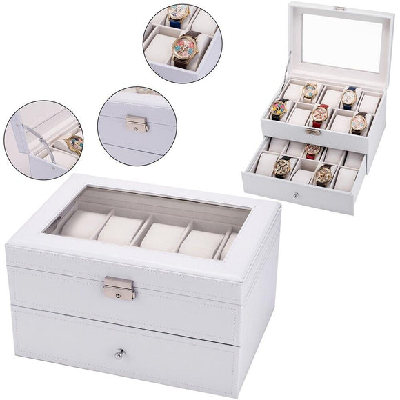 Watch Box 2 Layer 20 Slots Display Storage Case Organizer Holder Lockable with Glass Top Suit for Hairpin Cuff Link Brooches Etc - Presidential Brand (R)