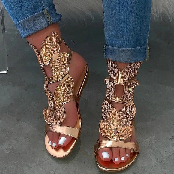 Sandals Rhinestone Flats Ankle Strap Summer Beach Shoe Buckle Gladiator Bling Plus Size - Presidential Brand (R)