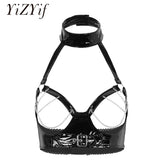 Women Open Cup Bra Top Tank Top Sexy Lingerie Wet Look PU Leather Halter Neck Hollow Out Bust with Metal Chain Tassel Crop Top - Presidential Brand (R)