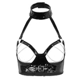 Women Open Cup Bra Top Tank Top Sexy Lingerie Wet Look PU Leather Halter Neck Hollow Out Bust with Metal Chain Tassel Crop Top - Presidential Brand (R)