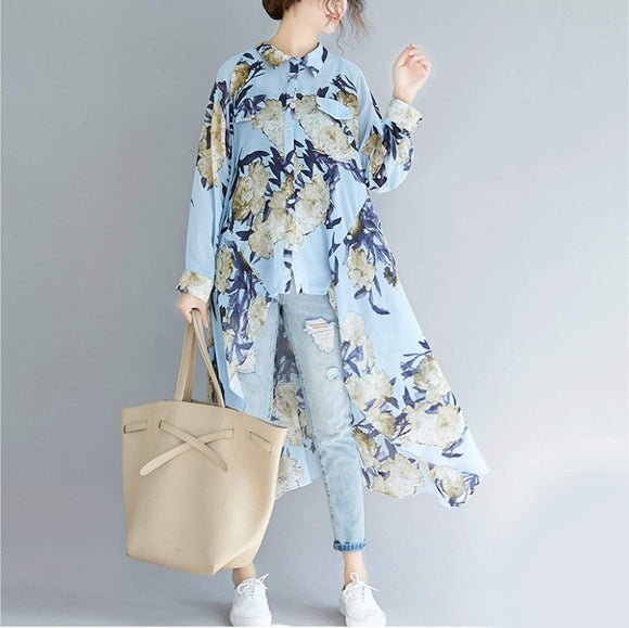 Womens Uneven Long Chiffon Shirt with Prints - Presidential Brand (R)
